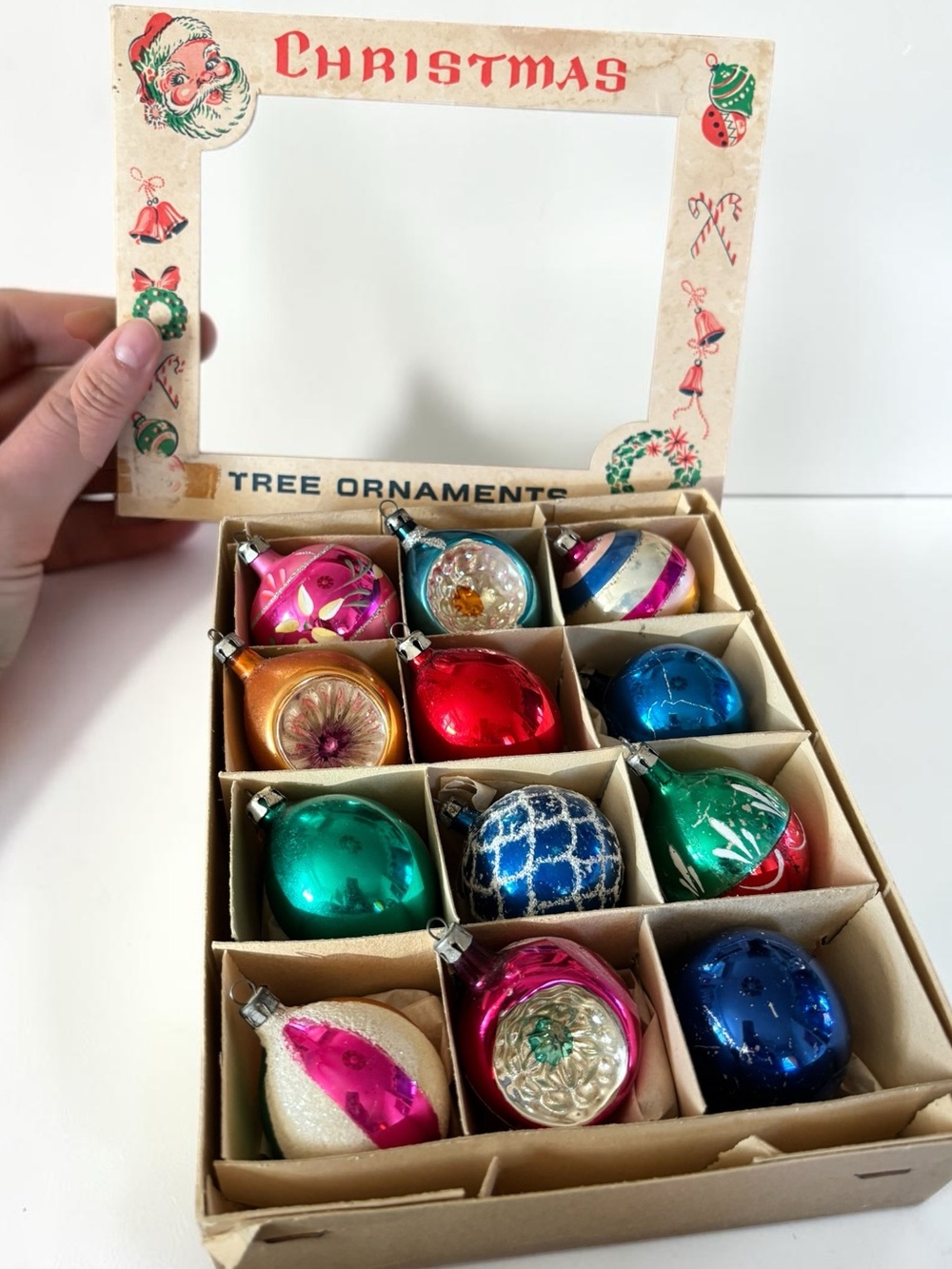 Vintage Poland Glass Christmas Ornaments 12 Indent Reflector MCM Boxed
